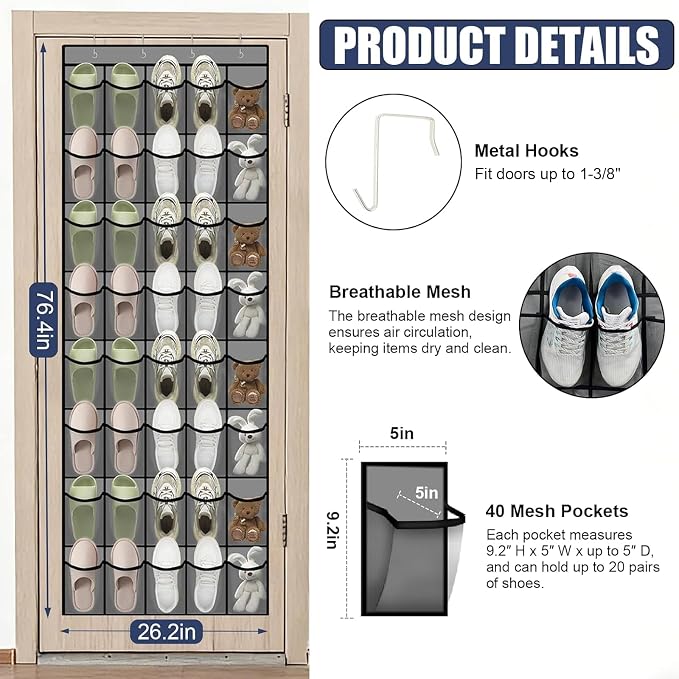 Over the Door Shoe Organizer - 40 Large Breathable Mesh Pockets, Space Saving Hanging Shoe Organizer with Metal Hooks, Hanging Shoe Rack for Men's and Women's Shoes (Grey) - Image 4