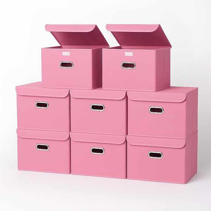 STOREONE Fabric Storage Cube Bins Foldable Organizer Container Collapsible Basket with Lids and Metal Handles, for Home, Bedroom, Closet 8 Pcs (Pink) by STOREONE