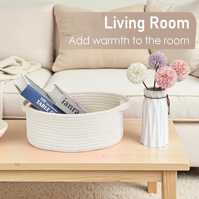 JMvicyroam Woven Basket,Small Rope Storage Bin with Handles & Ribbon Bag, Organizer for Shelves Closets,Gift Basket Empty for Birthday,Books,Dog Toys,White/2 Pack - Image 7