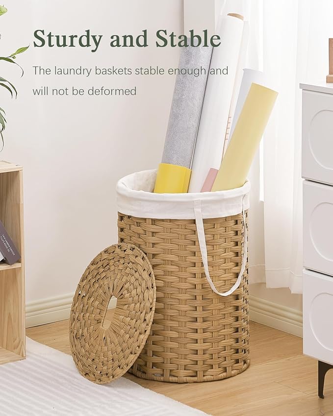 SETVSON Laundry Hamper with Lid Laundry Basket with Lid 19.0 Gal (72 L) Round Wicker Laundry Basket Handwoven Rattan Hamper Removable Bag 2 Mesh Bags Handles for Living Room Bathroom Natural - Image 6