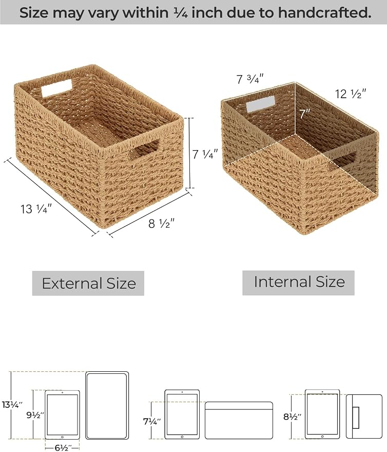 StorageWorks Round Paper Rope Storage Baskets, Rectangular Wicker Baskets with Built-in Handles, Medium, 13 ¼ x 8 ½ x 7 ¼ inches, 2-Pack - Image 2