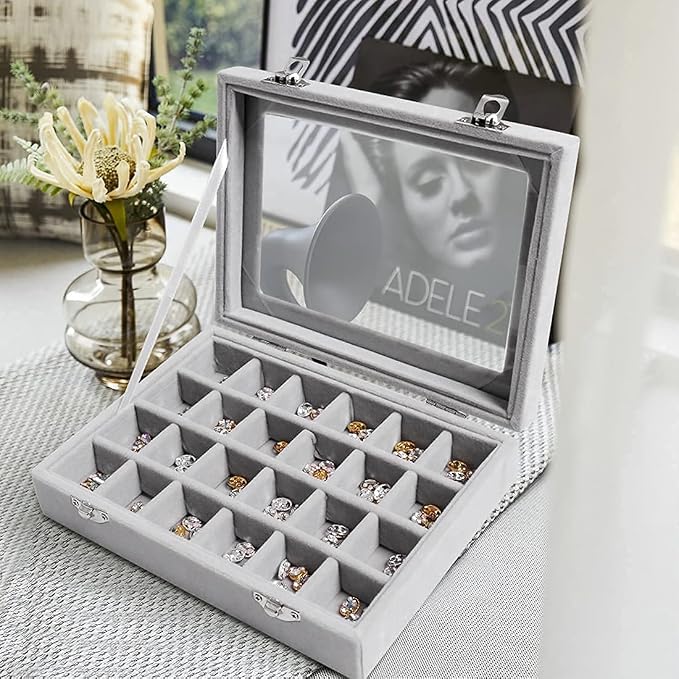 Jewelry Box 24 Grid Velvet Jewelry Tray for Drawers Glass Clear Lid Showcase Display Storage Ring Trays Holder Earrings Organizer Case(Grey) - Image 7