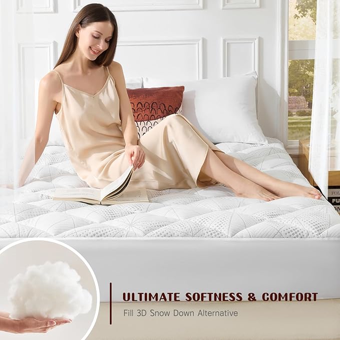 Queen Size Mattress Topper, Thick Quilted Fitted Mattress Pad Cover Breathable Bamboo Viscose Cooling Mattress Protector with 6-18 Inch Deep Pocket, Machine Washable (60x80 inch, White)