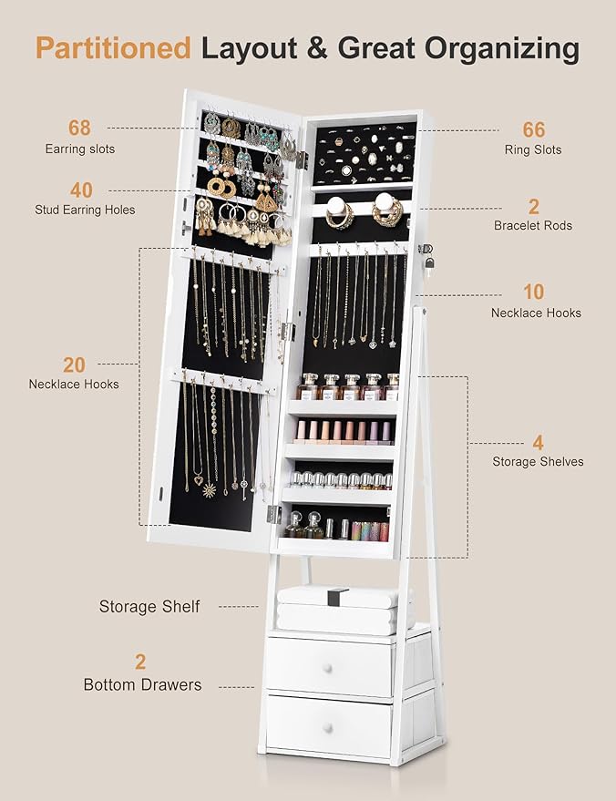Nicetree Jewelry Cabinet Armoire with 2 Drawers, Lockable Standing Mirror Jewelry Cabinet, Full Length Mirror with Jewelry Storage, Gift Idea, White - Image 4