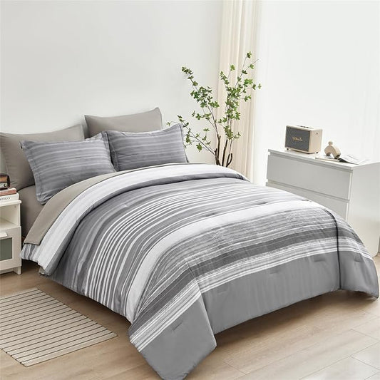 KAKIJUMN 7 Piece Bed in a Bag Stripe Comforter Set King Size, White Grey Patchwork Striped Comforter and Sheet Set, All Season Soft Microfiber Complete Bedding Set(Light Grey,King)