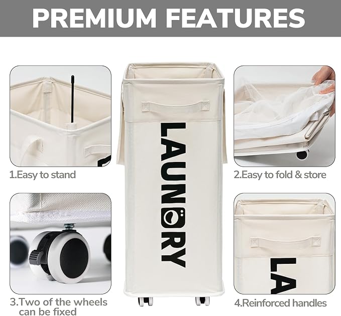 Goodpick Laundry Baskets with Wheels and Handle, 2-Pack 75L Collapsible Laundry Baskets, Clothes Laundry Basket with Removable Wash Bags for Corner Dorm, White Rolling Laundry Hamper - Image 3