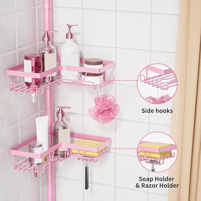 KEGII Shower Caddy Tension Pole, 4-Tier Rustproof Adjustable Corner Bathroom Organizer for Renters, 25–114.2 Inch No Drill Space-Saving Shower Storage Rack, Pink - Image 3