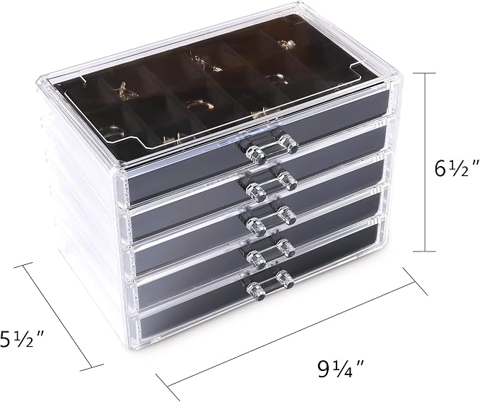 Frebeauty Acrylic Jewelry Organizer Earring Organizer Box with 5 Drawers Earring Holder Organizer with Velvet Trays Clear Jewelry Box for Women Earring Display for Rings Studs(Black) - Image 2