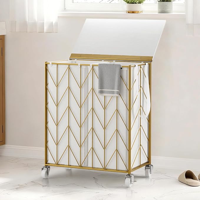WOWLIVE Laundry Basket with Wheels, Heavy Duty Laundry Hamper with Wood Lid, Clothes Hamper with Divided Removable Liner Bag, Large Capacity Iron-Made Laundry Sorter Laundry Room Organization (Golden) - Image 4