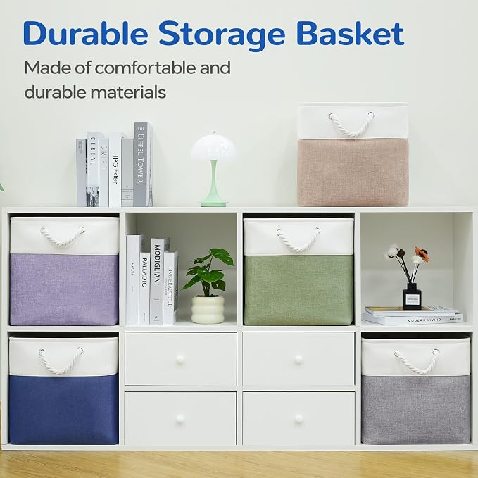 12 x 12 Inch Cube Storage Bins, 4 Pack Fabric Storage Basket with Handles, Foldable Boxes Organizer for Shelf Baskets for Home, Clothes (White/Blue) - Image 6