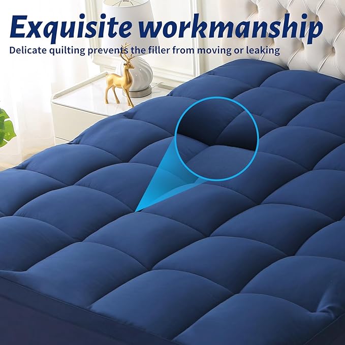 Thick Mattress Topper with Deep Pocket, Extra Pillow Top Mattress Pad, Breathable & Cooling Mattress Cover, Fits 8-21 Inch, Soft Support for Back Pain Relief, Mattress Protector (Queen, Navy Blue)