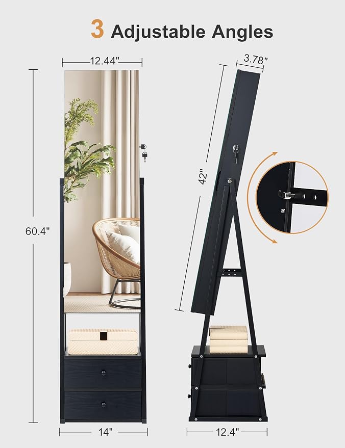 Nicetree Mirror Jewelry Cabinet Standing, Lockable Jewelry Cabinet Armoire with 2 Drawers, Full Length Mirror with Jewelry Storage, Christmas Gifts, Black - Image 6