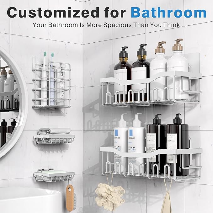 EUDELE 5-Pack Rustproof Stainless Steel Shower Caddy Set– No Drill Adhesive Bathroom Organizer, Space-Saving Shower Shelves for Apartment Essentials, Bathroom/Kitchen Storage Home Decor-L Size - Image 2