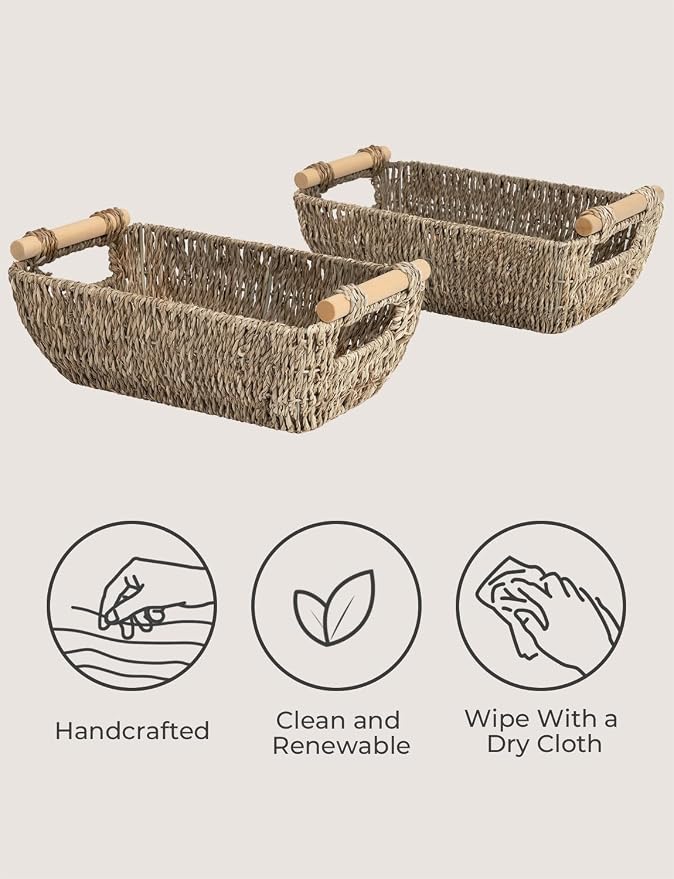 StorageWorks Small Baskets for Shelf, Seagrass Woven Basket with Wooden Handles for Gifts, 2-Pack - Image 4