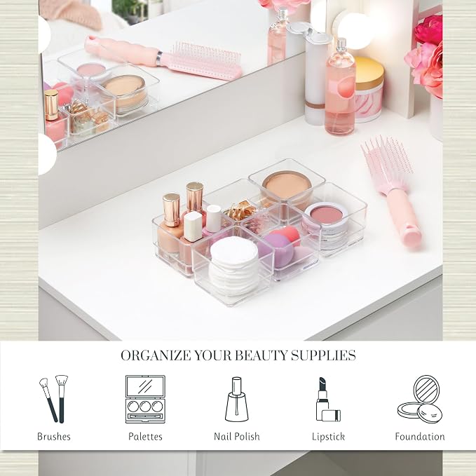 STORi SimpleSort 6-Piece Stackable Clear Drawer Organizer Set | 3" x 3" x 2" Square Trays | Small Makeup Vanity Storage Bins and Office Desk Drawer Dividers | Made in USA - Image 3