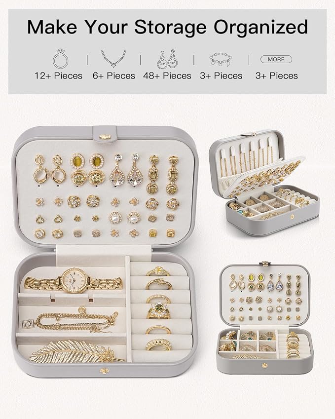 VLANDO Travel Jewelry Case, PU Leather Travel Jewelry Box with Earring Holder, Portable Display Small Jewelry Box for Mothers Day Women Girls Gift - Grey - Image 8