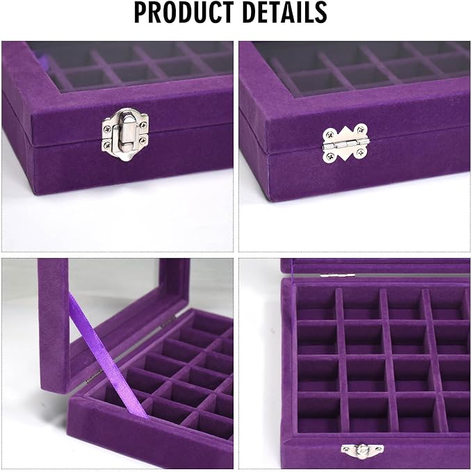 Vicoter Velvet Jewelry Box 24 Grid Jewelry Ring Display Organiser Box Tray Holder Earrings Storage Case for Girls Wife Mom Women (Purple) - Image 4