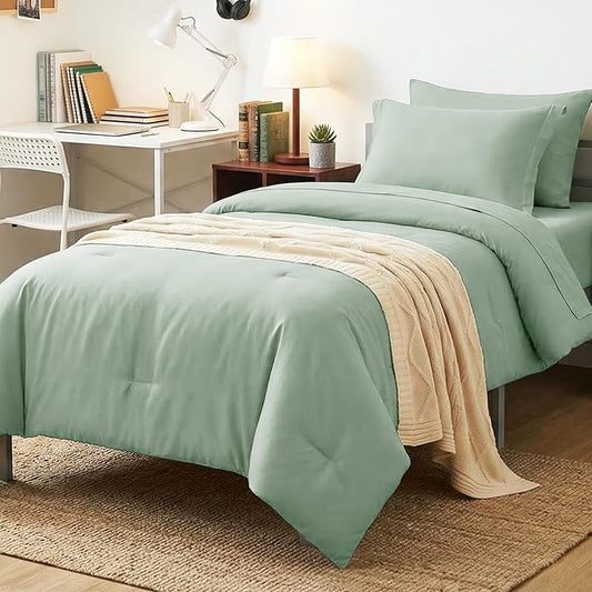 CozyLux Twin XL Comforter Set Sage Green, 5 Pieces Bed in a Bag Twin Extra Long Comforter Set with Sheets, 5PC Bedding Sets with Down Alternative Comforter, Sheets, Pillowcase & Sham for All Seasons