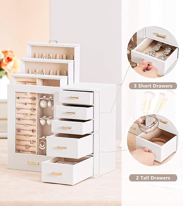 Homde Large Jewelry Box/Organizer/Case with Glass Window, Drawers for Necklaces Earrings Rings Bracelets Watches Gift for Women Girls - Image 4