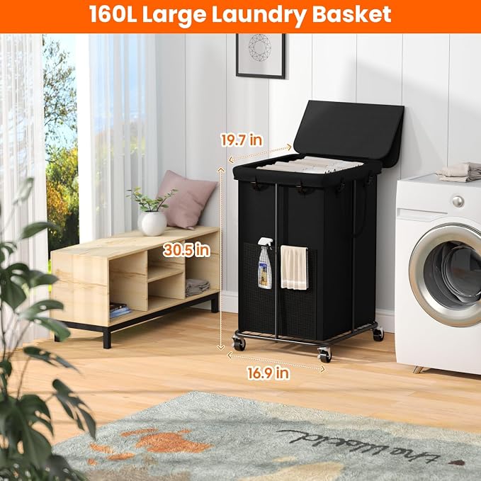 160L Laundry Hamper with Lid, Rolling Laundry Basket with Wheels, Large & Tall Dirty Clothes Hamper with Metal Frame and Removable Bag for Bedroom Aesthetic, Laundry Room, Bathroom, Dorm-Black - Image 2