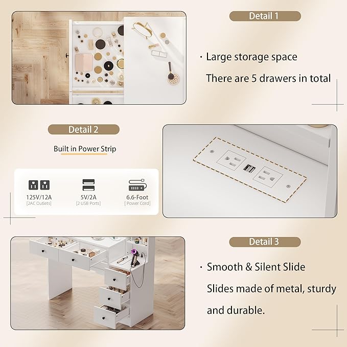UGTOO White Vanity Table with Drawer Dresser, Farmhouse Vanity Makeup Desk with Charging Station, Vanity Desk with Lights Mirror & Drawers for Makeup, Vanity Desk with Storage Shelf & 5 Drawers