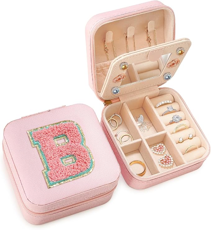 SANDJEST Personalized Jewelry Box, Pink Travel Jewelry Box with Initial B, Small Monogrammed Jewelry Case Organizer for Girls Women Teen Kids, Mini Travel Essentials Gifts for Birthday Christmas by SANDJEST