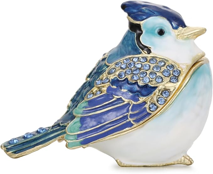 Hand Painted Enamel Blue Jay Trinket Box for Home Decor, Hinged Jewelry Organizer for Ring Earrings, Unique Figurine Keepsake Collectible Personalized Elegant Handmade Ornament Gifts (Blue Jay) by AzurtLCX