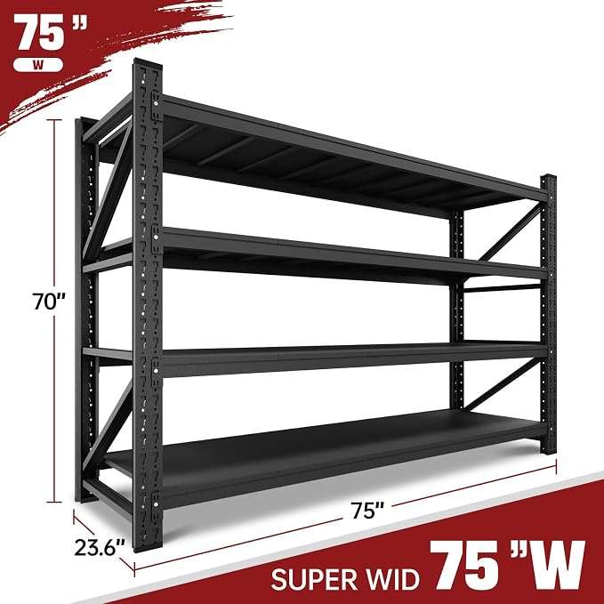 RAVIGIN 9000LBS Storage Shelves, 75" W Garage Shelving Heavy Duty Metal Adjustable Garage Shelves, Shelving Units Industrial Shelving for Warehouse, 75" W x 24" D x 70" H, Black - Image 2