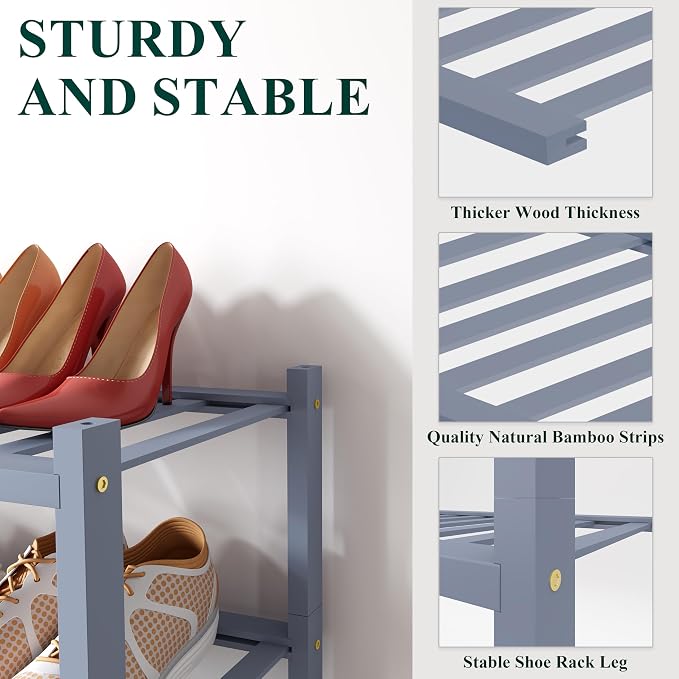 Smiry Shoe Rack, 6 Tier Small Bamboo Shoe Organizer, Stackable Free Standing Wooden Shoe Storage Shelf for Closet, Entryway, Front Door Entrance, Grey - Image 3