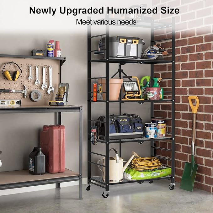 Himix Storage Shelves with 20 Hooks, 5-Tier Collapsible Organization Storage Rack Bookshelf Folding Pantry Shelves Cube Shelf Wire Shelving Holds 440 Ibs for Garage Kitchen Room, Black - Image 8