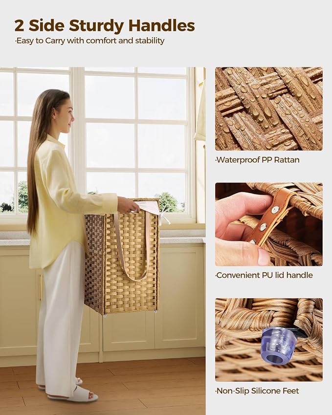 Greenstell Laundry Hamper with Wheels&Lid, 130L Large 3 Sections Clothes Hamper with 2 Types Removable Liner Bags, 5 Mesh Laundry Bags, Handwoven Divided Laundry Basket for Clothes, Natural - Image 6
