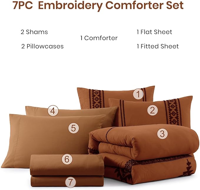 MaiRêve Super King Plus Comforter Set Burnt Orange, Embroidery Western Boho Bedding Set 7 Pieces, All Season Farmhouse Bed in A Bag Comforter Set with Sheets, Pillowcases & Shams