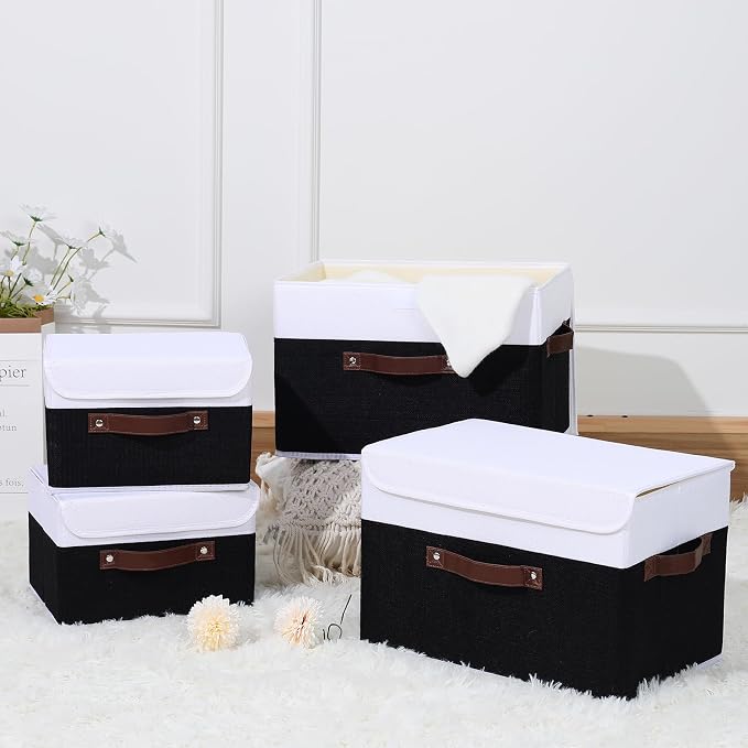 ANMINY Storage Boxes with Lids Washable Decorative Storage Bins Basket with PU Leather Handle Foldable Linen Fabric Storage Cubes Containers for Home Closet Organizer - Black White, Small Size - Image 7