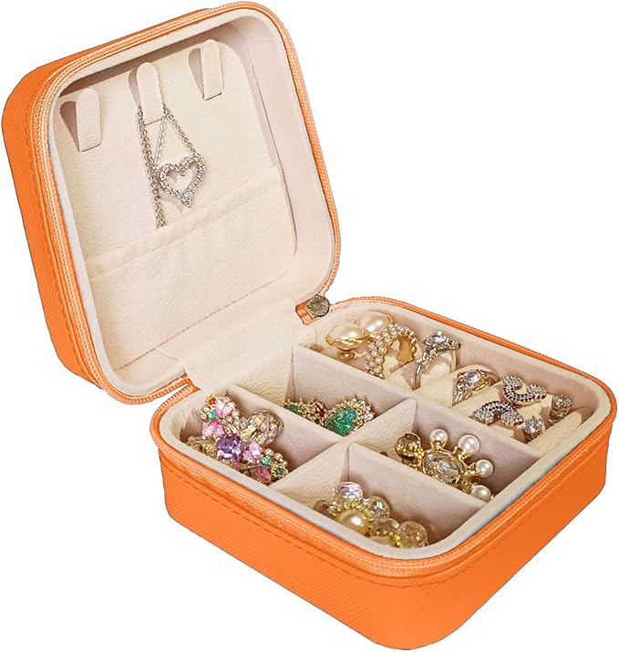 Small Travel Jewelry Box, Portable Mini Jewelry Leather Box Jewelry Ring Organizer Case Storage Holder Gift Boxes for Girls Women, Orange by Jemjosh