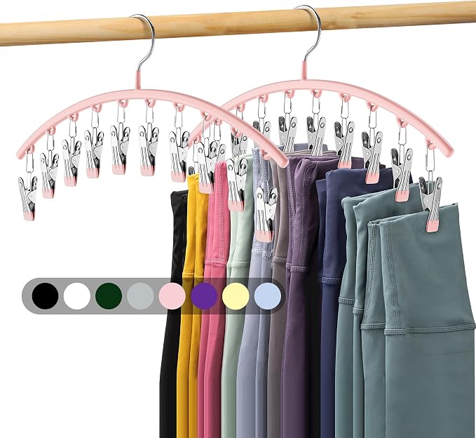 Legging Organizer for Closet, Metal Yoga Pants Hangers 2 Pack w/10 Clips Holds 20 Leggings, Space Saving Hanging Closet Organizer w/Rubber Coated Closet Organizers and Storage, Pink by Volnamal