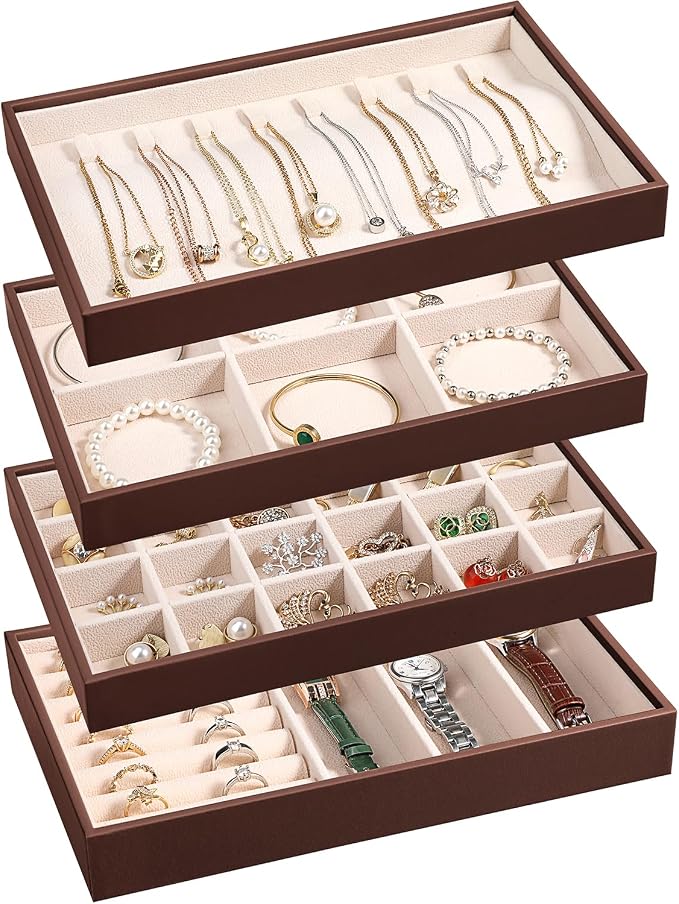 LANDICI Stackable Jewelry Organizer Trays 4 Set,PU Leather Jewelry Organizer Drawer,Jewelry Storage Display Tray for Earring Necklace Rings Bracelet with Removable Dividers,Coffee by LANDICI