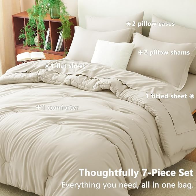 CozyLux Full Size Comforter Sets Oatmeal, 7 Pieces Bed in a Bag Full Comforter Set with Sheets, Luxury Bedding Set with Down Alternative Comforter, Fitted Sheet, Flat Sheet, Pillowcases & Shams