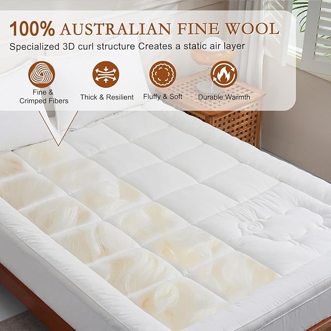 YOUR MOON 100% Organic Wool Mattress Topper Twin Size, 800GSM Natural Wool Filling, Thick Pillow Top Mattress Pad, Back Pain Relief Bed Topper with Cotton Cover, 16" Deep Pocket, 39"x75" (White)
