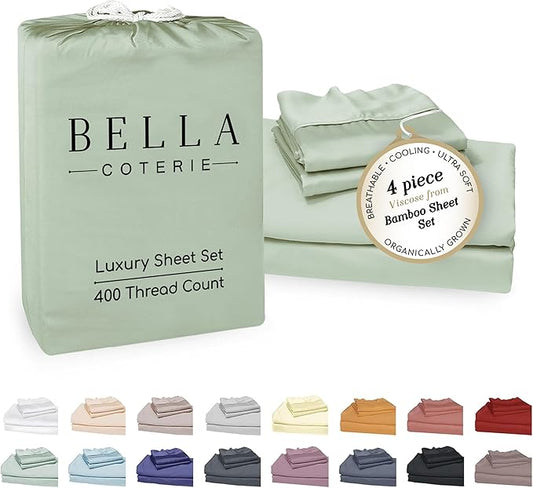 Bella Coterie Luxury Bamboo Viscose Queen Size Sheet Set | 100% Organically Grown | Ultra Soft | Cooling for Hot Sleepers | 18" Deep Pocket [Sea Glass]