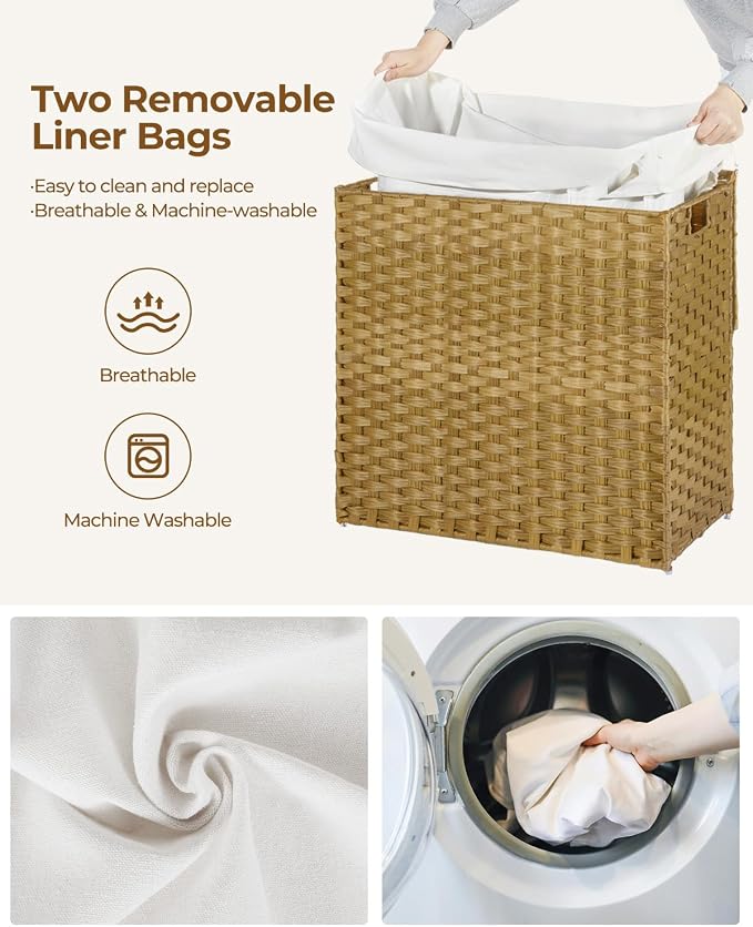 Greenstell Laundry Hamper with Lid, 125L Laundry Basket with 2 Removable Liner Bags & 2 Mesh Bags, Handwoven Synthetic Rattan Clothes Hamper for Clothes, Toys in Bathroom, Bedroom, Foldable, Natural - Image 4
