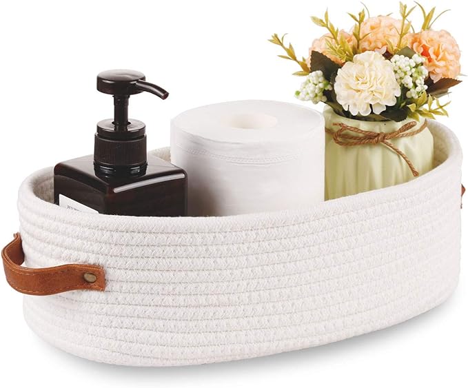 Woven Storage Basket for Toilet Tank Top,Farmhouse Home Decor Organizing Baskets for Bathroom,Table and Counter 13"x5.9"x4" White by Oradrem