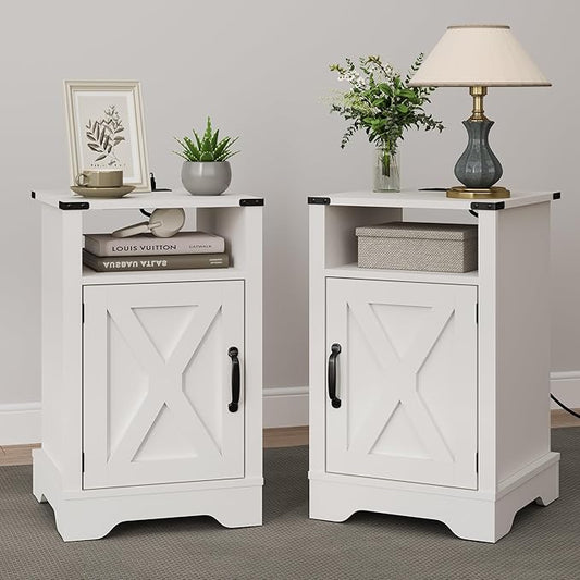 RoyalCraft 25" Tall Nightstands Set of 2, Farmhouse Nightstand with Charging Station, Large End Table with Storage, White Wood Bedside Table for Bedroom, White