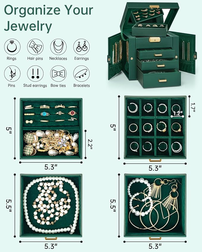 AKOZLIN 4-Tier Jewelry Box Leather Jewelry Storage Organizer with 3 Drawers Lockable for Women Girls Ring Necklace Earring Bracelet Holder with Mirror Forest Green - Image 3