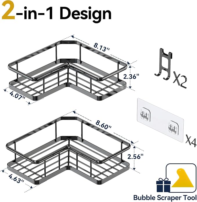 YASONIC Corner Shower Caddy 2 Pack, No Drill Adhesive Shower Storage Shelves, Rustproof Stainless Steel Wall Mounted Bathroom Organizer Shelf with 2 Removable Hooks for Dorm & Renters, Black - Image 2