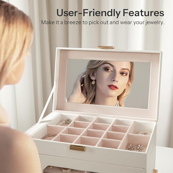 HOOBRO Jewelry Box with Mirror, Travel Jewelry Organizer with Glass Window, Jewelry Storage Case, Vertical Storage, Gift for Loved Ones, for Earrings, Rings, Necklaces, Bracelets, White WT03JB04G2 - Image 5