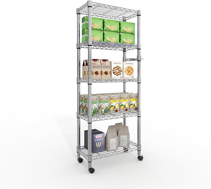 Garvee 5-Tier Storage Shelves Heavy Duty Metal Wire Rack Shelving, 1100 LBS Capacity Rolling Storage Rack with Wheels, for Living Room Pantry Kitchen Bedroom Organization by Garvee