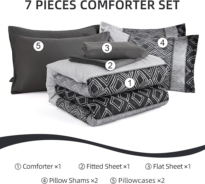 California King Comforter Set Size, Black Gray Striped Cali King Bed Set Fall Bedding Sets for Men,7 Pieces Boho Bed in a Bag Comforters with Sheets Dark Grey for All Season