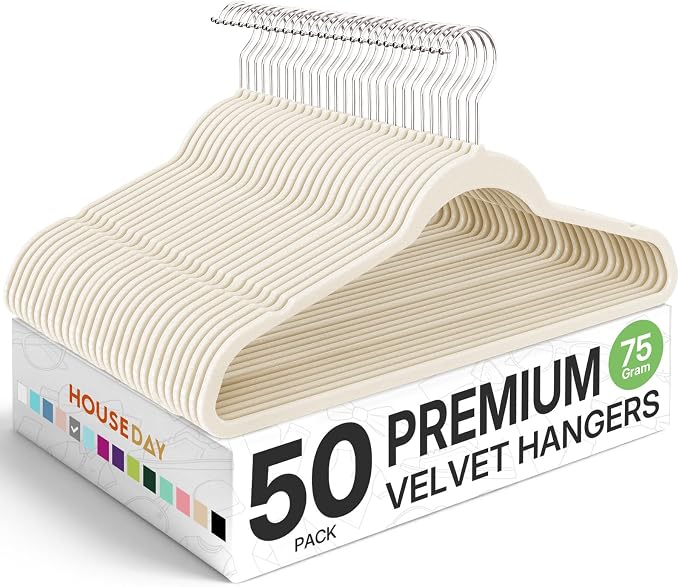 HOUSE DAY Premium Velvet Hangers 50 Pack Ivory, Non-Slip Flocked Felt Hangers, Sturdy Clothes Hanger with 360° Rotatable Hook, Heavy Duty Durable Slim Coat Hanger for Closet Space Saving by HOUSEDAY