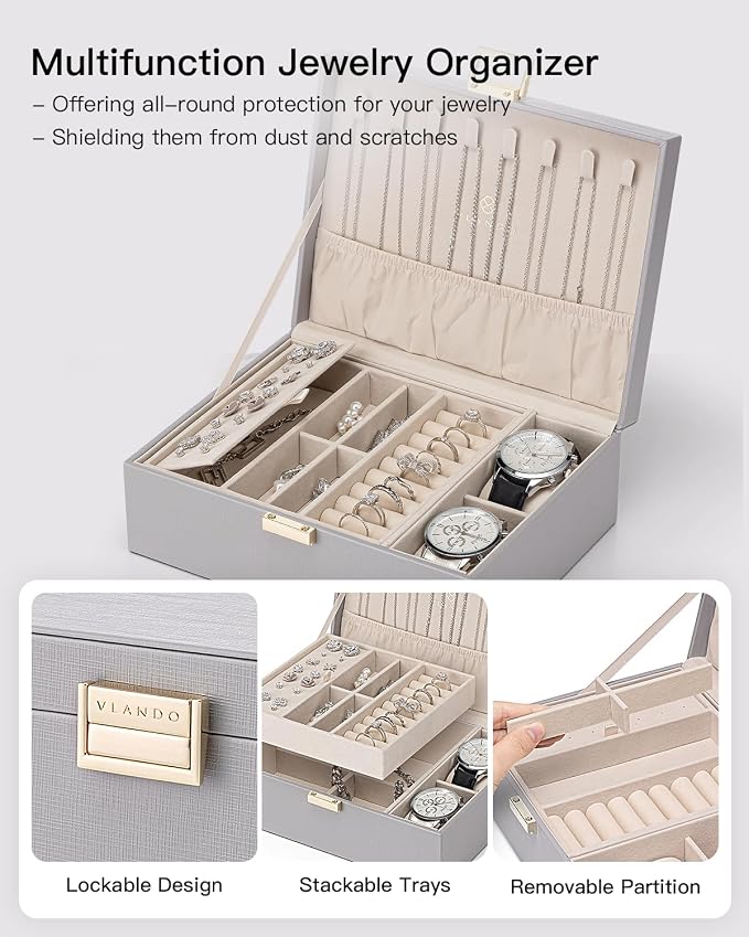 VLANDO 2 Layer Jewelry Box Large Jewelry Organizer for Women Removable Jewelery Tray with Watch Pillow for Necklace Earrings Rings Bracelets Gifts for Couples Mom Friends, Bridesmaid (Grey) - Image 4