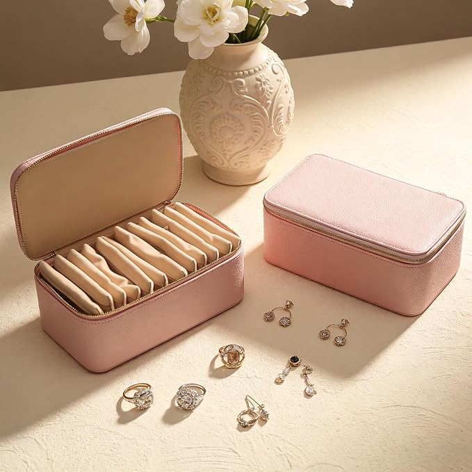 Travel Jewelry Organizer, Travel Jewelry Box with 12 Velvet Zipped Pouches Bags for Jewelries Necklaces Rings Earrings Sorting Storage for Women Girl Gifts, Blush - Image 2